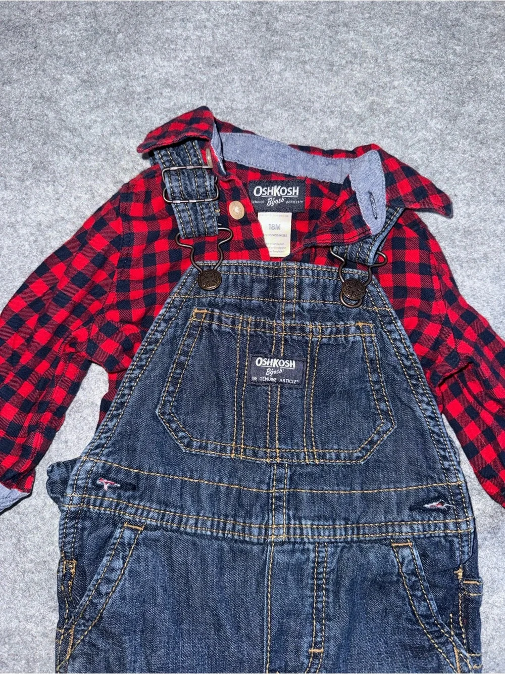 OshKosh B'gosh Dark Blue Denim Overalls with Red Plaid Shirt